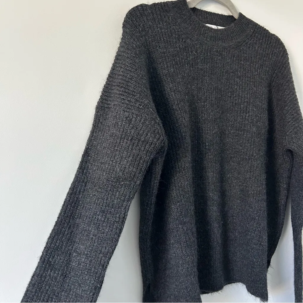 Zara Dark Grey Chunky Ribbed Knit Crewneck Oversized Sweater NWT S - Image 3
