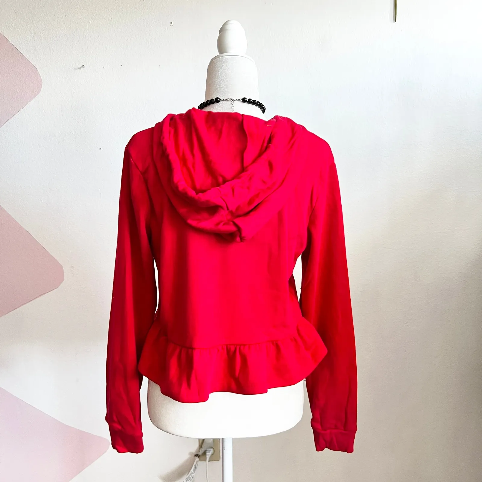 Red Ruffle Zip Up Sweater Vintage Inspired Retro Coquette Soft Girl Large - Image 2