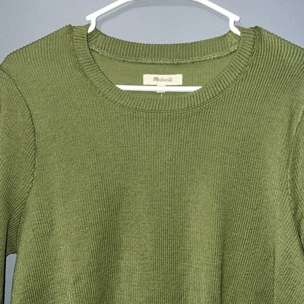 Madewell size large lusterweave crop shirt long sleeve tie front ribbed green - Image 4