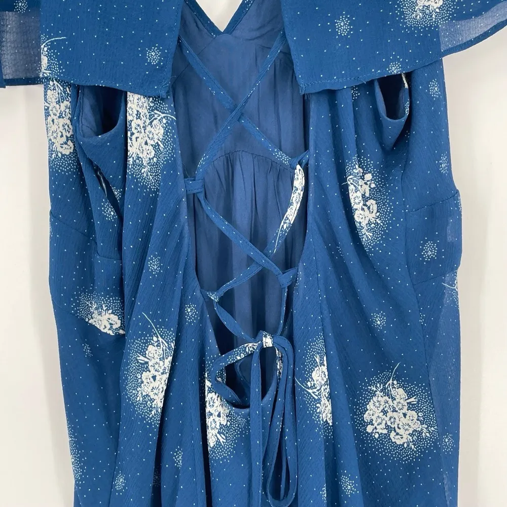 Urban Outfitters Womens Blue Flutter Sleeve Fairy Core VNeck Printed Dress Large - Image 9