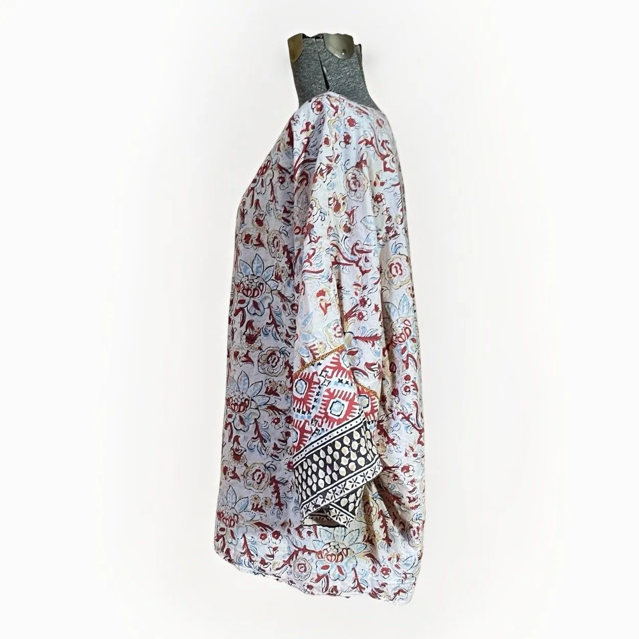 Pure Jill Top Womens 2X Organic Cotton Floral Batik Print Boxy India Boho shirt Tan - Image 3