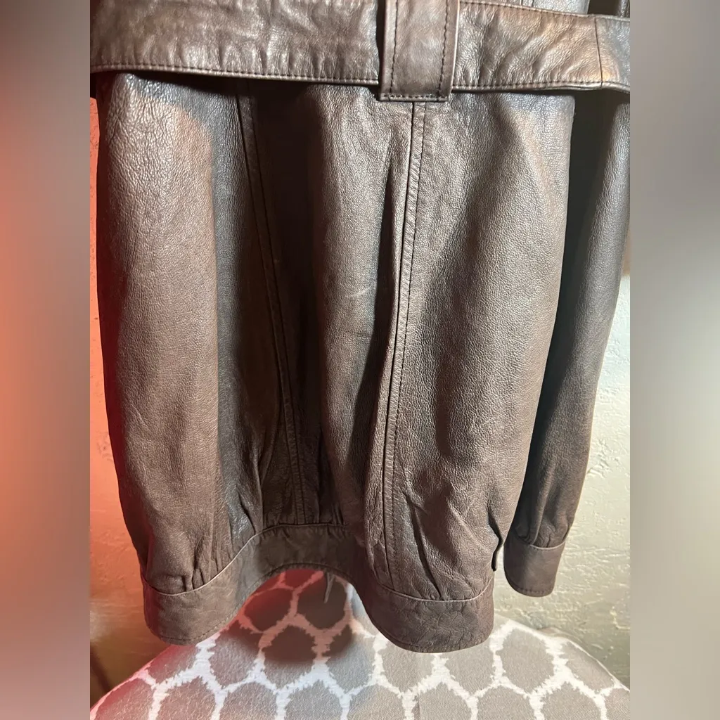 Vero Moda Chocolate Brown Real Leather Coat Pigs Skin belted buttons retro S - Image 8