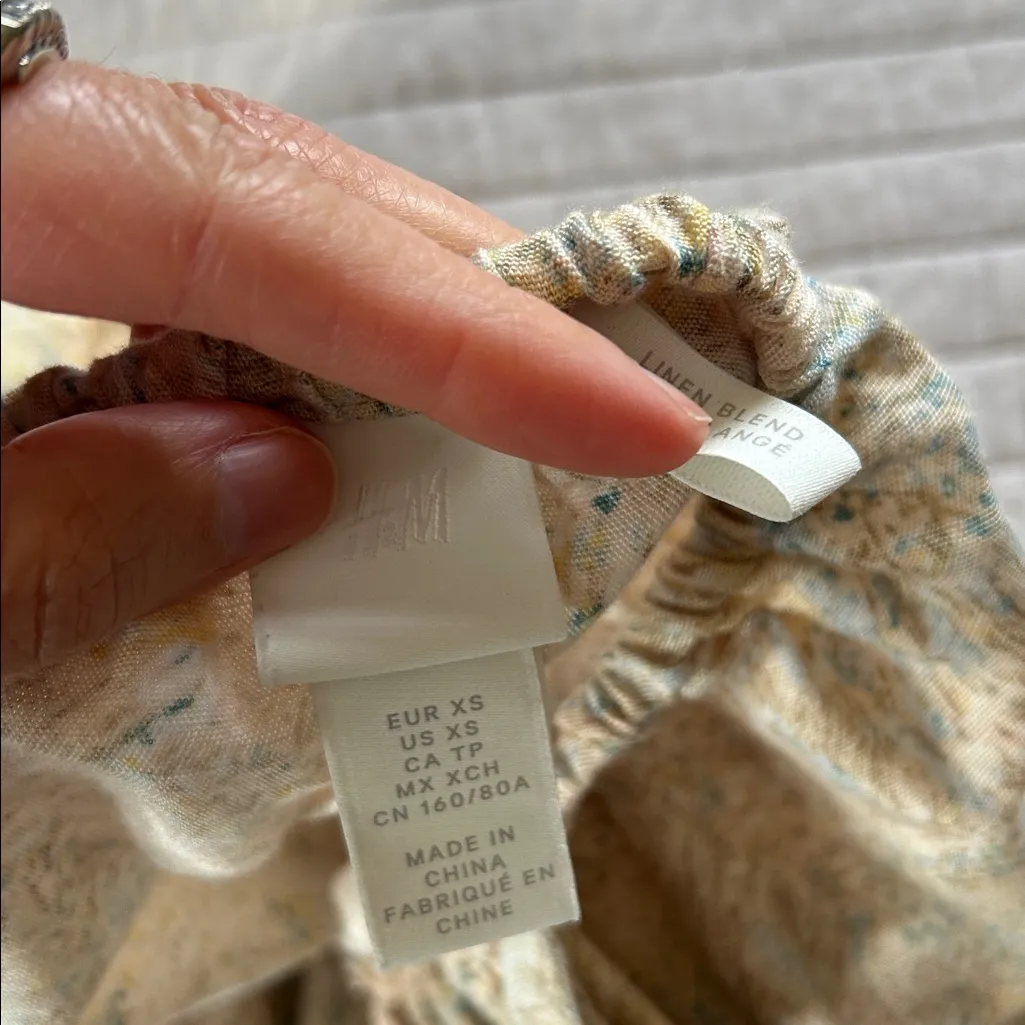 H&M linen blend neutral, earthy cottage tie back earthy boho mini dress XS - Image 8