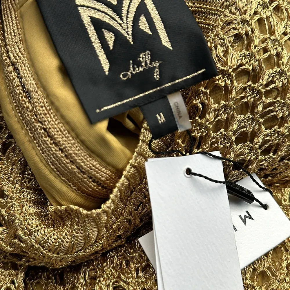 NWT MILLY Sinclair metallic mesh gold semi sheer knit dress mini luxury cocktail - Image 2