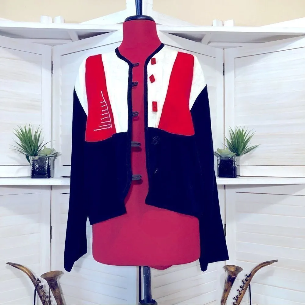 Vintage 80s 90s Color Block linen Blazer black red white Nautical theme sz S - Image 2