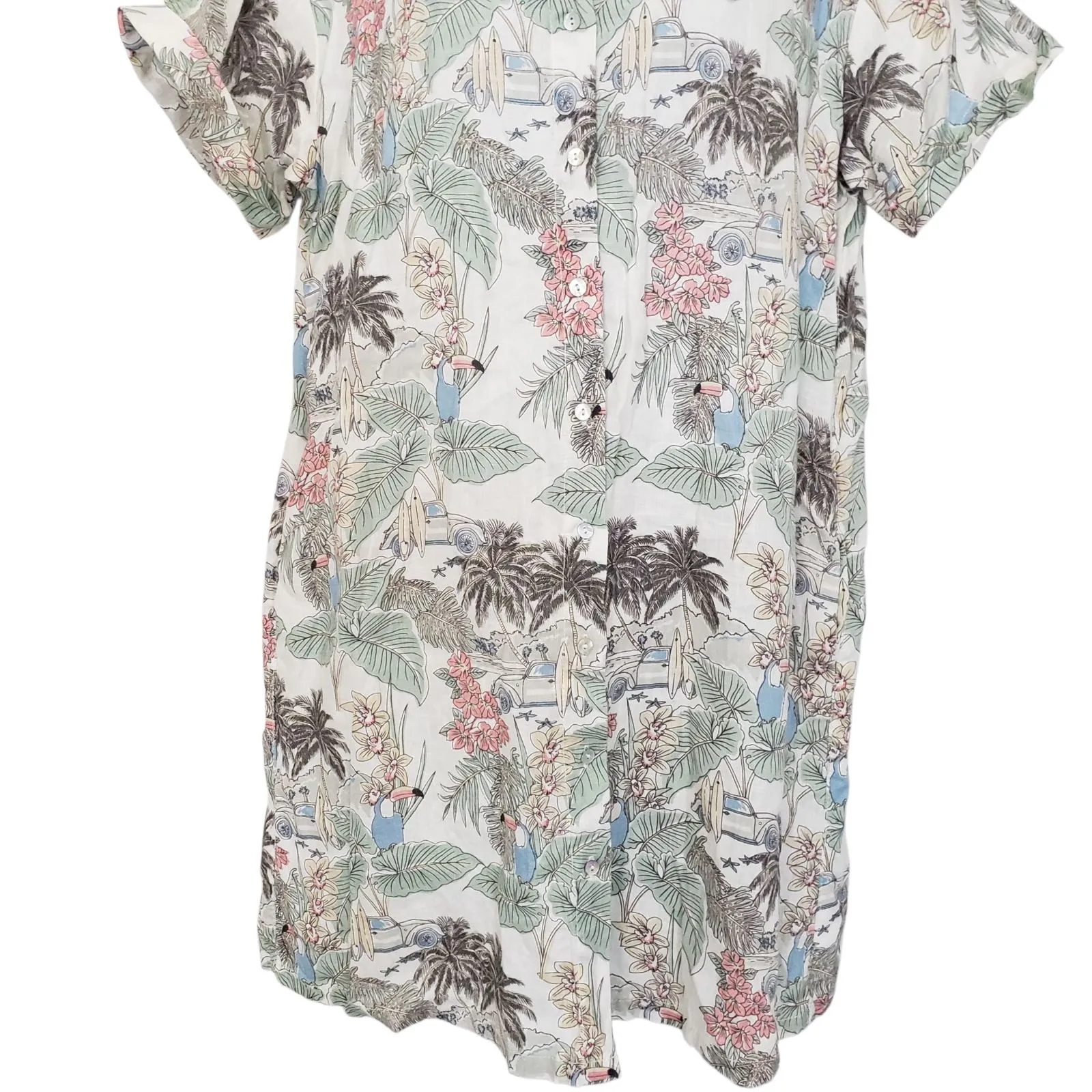 Rachel Zoe 100% Linen Mini Dress Womens Large Floral Button Front Tropical - Image 7