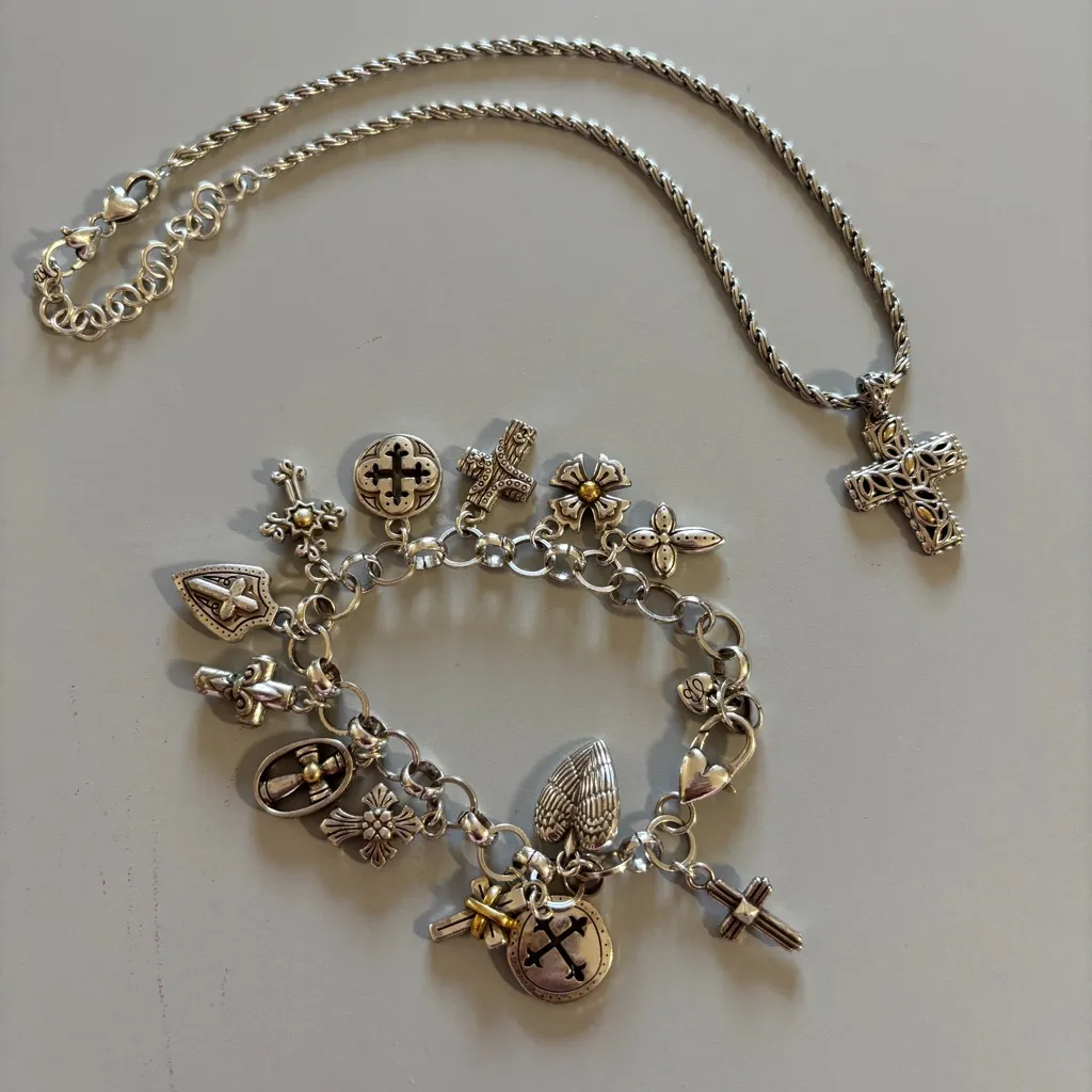 Brighton Heavenly Cross Charm Bracelet Necklace Set Silver Gold Retired Faith - Image 2