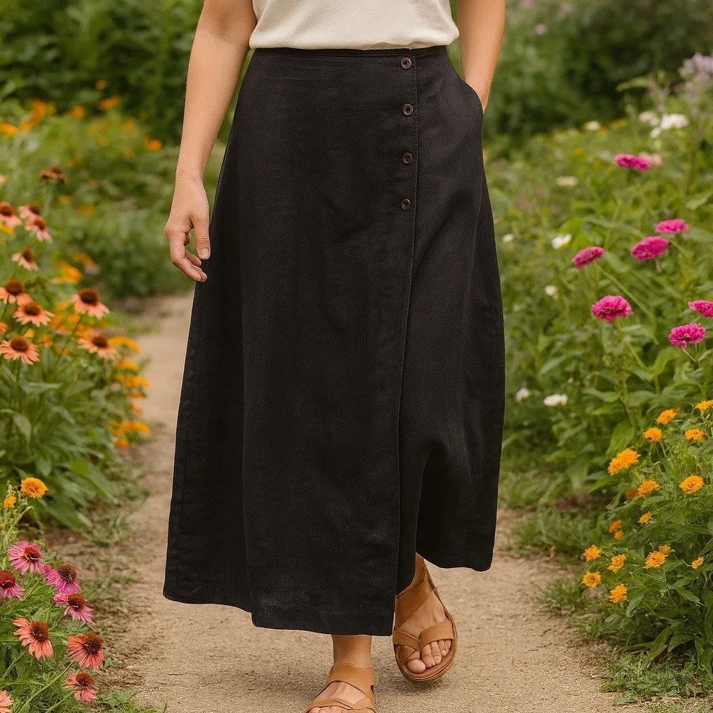 DKNY 100% Linen Black A-Line Midi Skirt WhimsiGoth Dark Romantic Chic 14 - Image 2