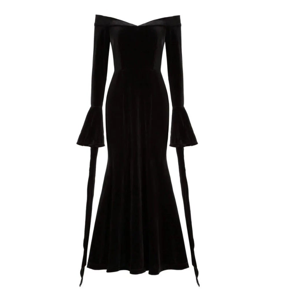 Morticia Addams-style Gothic Velvet Maxi Dress with Dramatic Bell Sleeves XXL - Image 3
