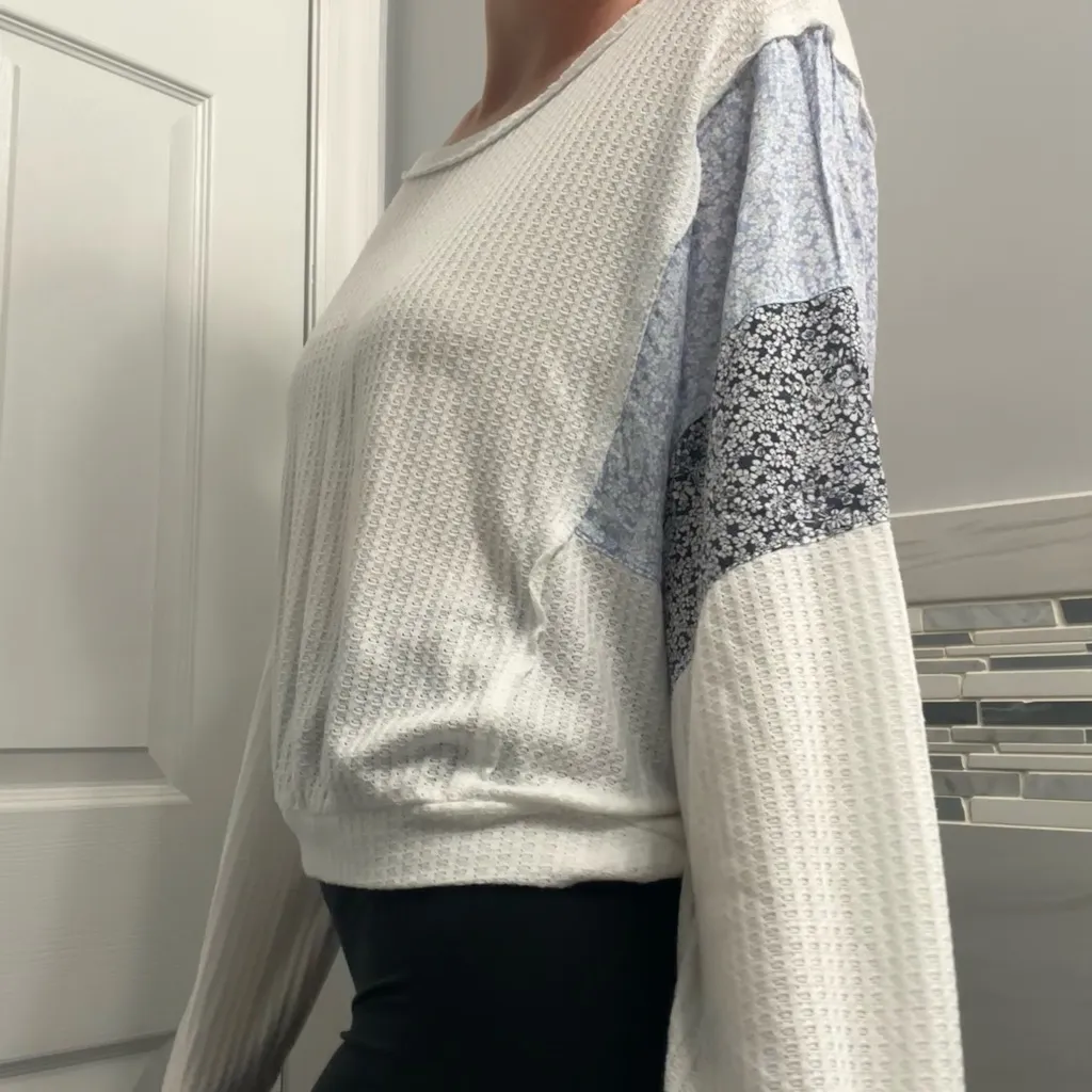 White and Blue Patchwork Blouse Size M - Image 2