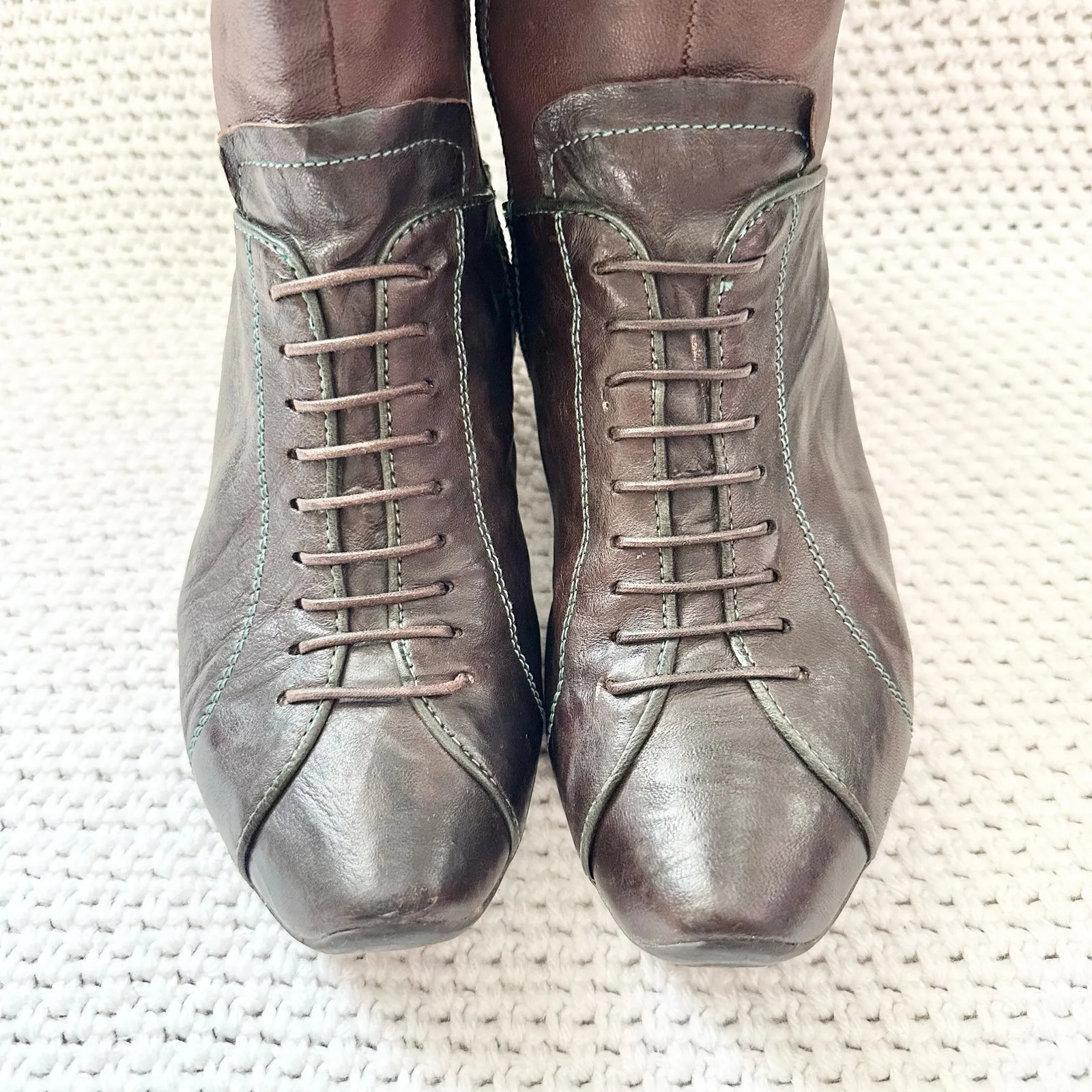 Think! Brown Leather Faux Lace Up Victorian Western Mid Calf Zip Up Boots 37.5 Size 6.5 - Image 5