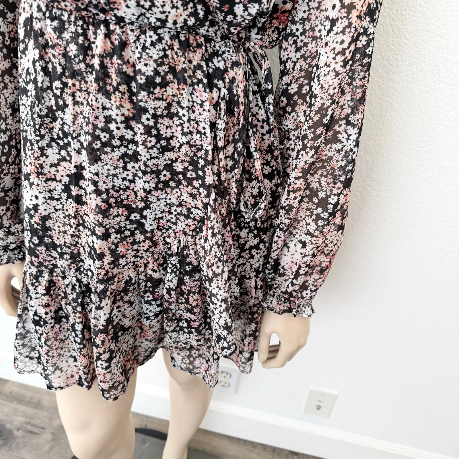 [Chelsea 28] Black Floral Print Ruffle Hem V-Neck Chiffon Wrap Dress Sz Large L - Image 8