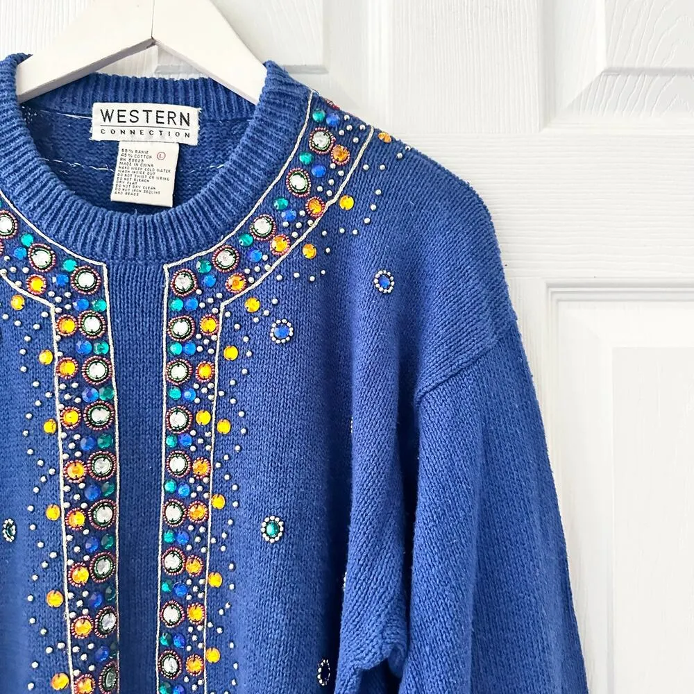 Western Connection Vintage Blue Cotton Ramie Embellished 80s Knit Sweater Large - Image 4