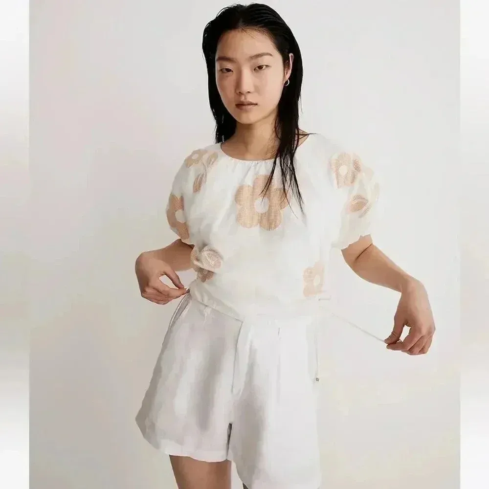 Madewell Embroidered Poplin Puff Sleeve Cutout Crop Top White Floral XS NWT - Image 2