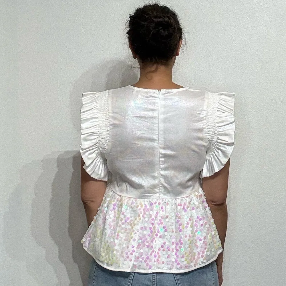 Peach Love White Shimmery Sequin Peplum Blouse Sz M - Image 10