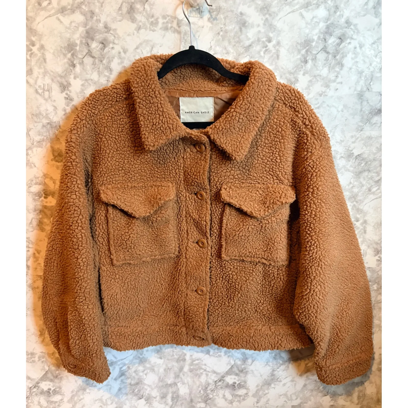 American Eagle Sherpa Trucker Jacket Brown‎ Button Front Cropped Women's M - Image 2