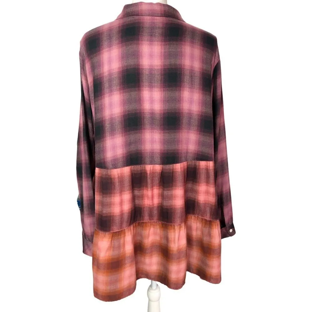 J.Jill Purple Pink Ombre Plaid Flannel Tunic Tiered Button Front Shirt - Image 6