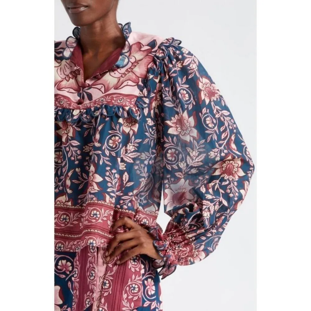 💕FARM RIO💕 Teal Ainika Charm Long Sleeve Blouse Tropical Floral Print XXS NWT - Image 8