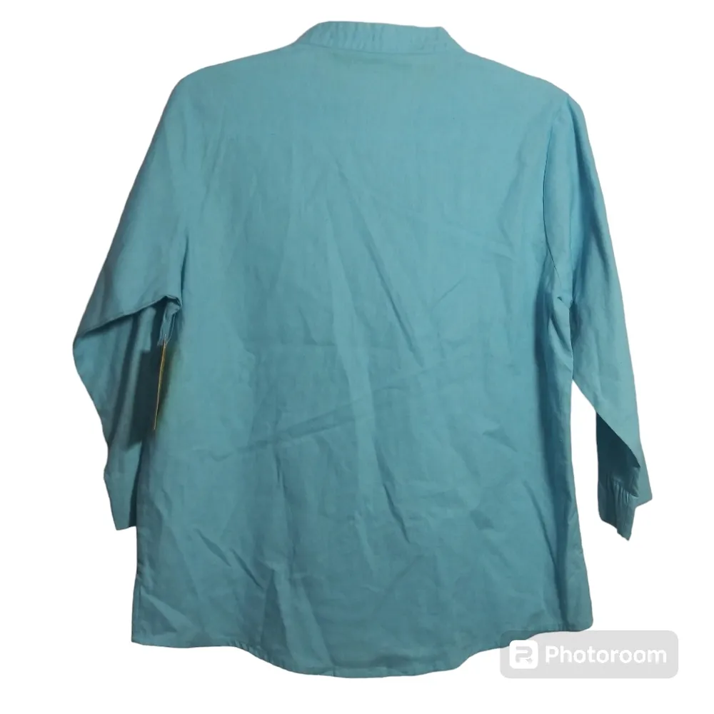 Jane Ashley Blue Linen Button Front Top 3/4 Sleeves Casual Size Small - Image 2