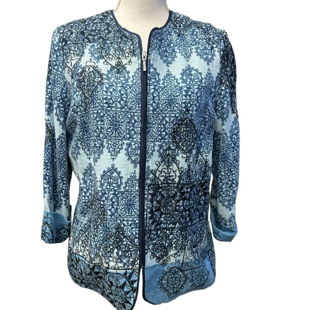 Coldwater Creek Blue W/ Black Embroidery Ikat Variegated Zip Up Blazer Size 10 - Image 2
