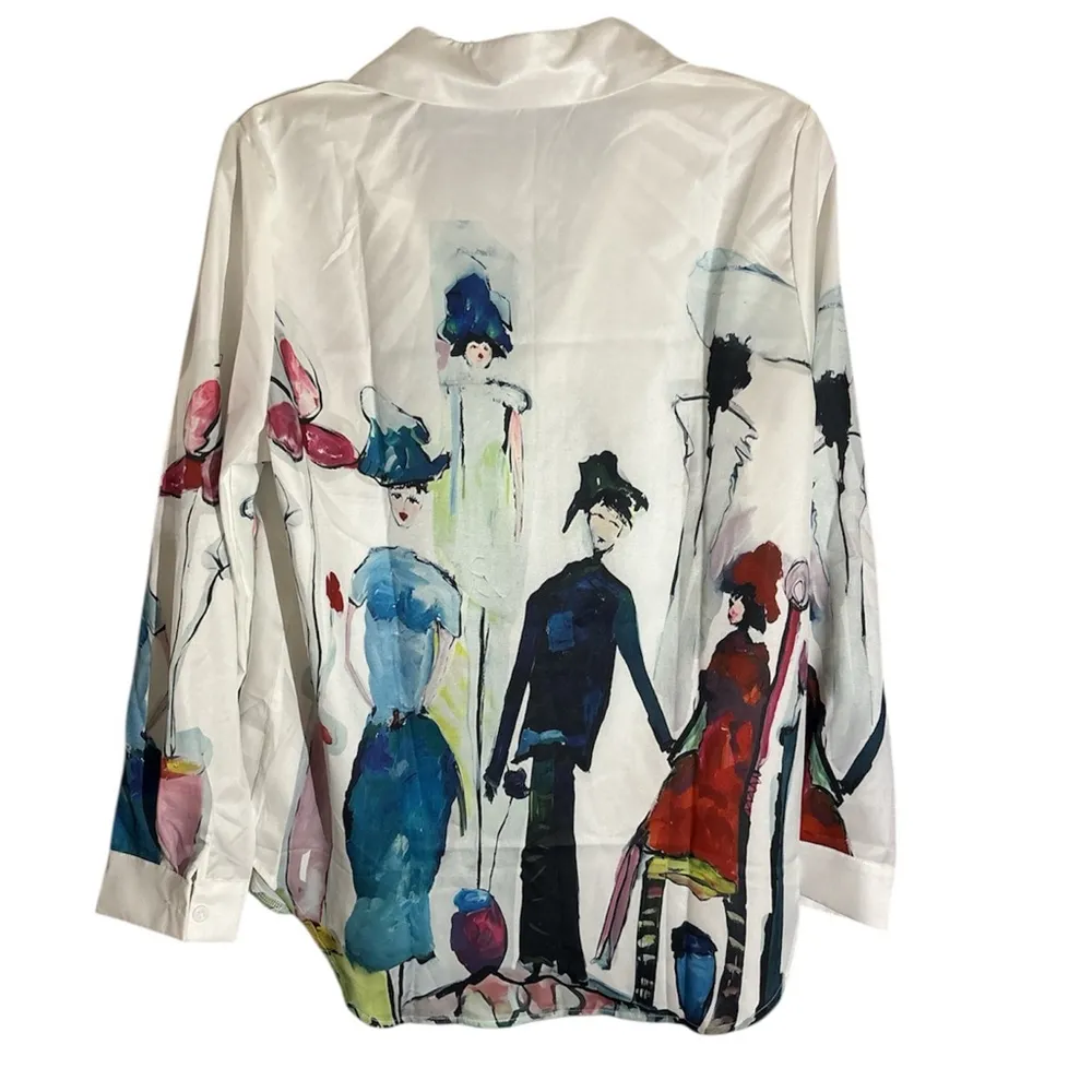 Parisian Oil Painting Print Button Down Blouse Large Multiple Size M - Image 4