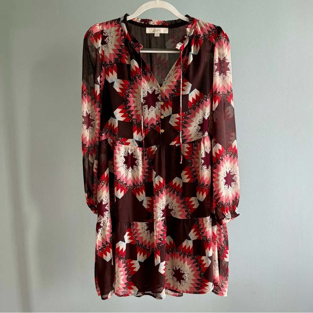 Loft Patchwork Button Flounce Mini Dress, Red multi | Size Medium - Image 3