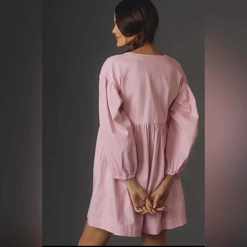 By Anthropologie | Pink Denim Long Sleeve Babydoll Dress, Size L - Image 3