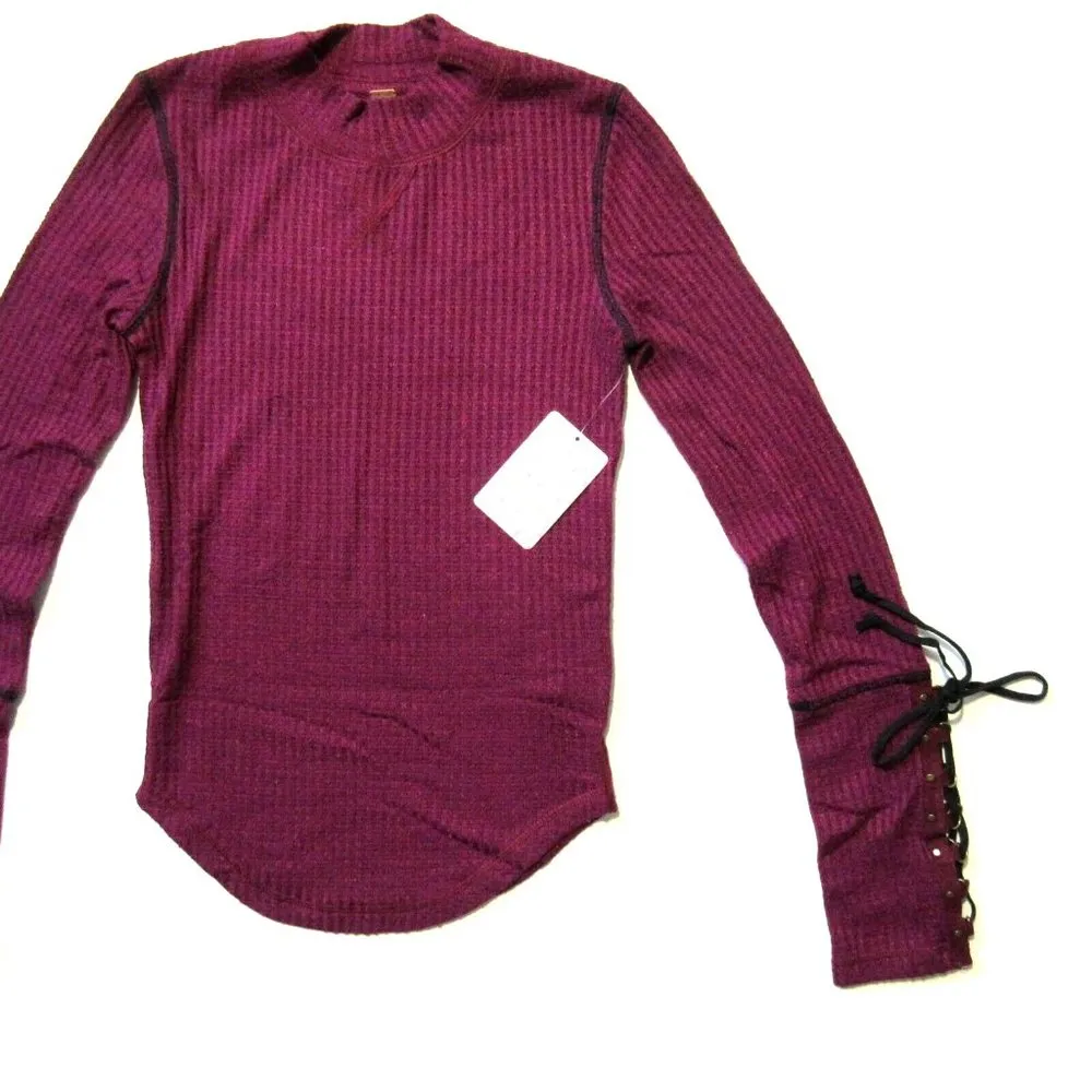 NWT Free People Mountaineer in Wine Lace-up Cuff Mock Neck Knit Top XS - Image 2