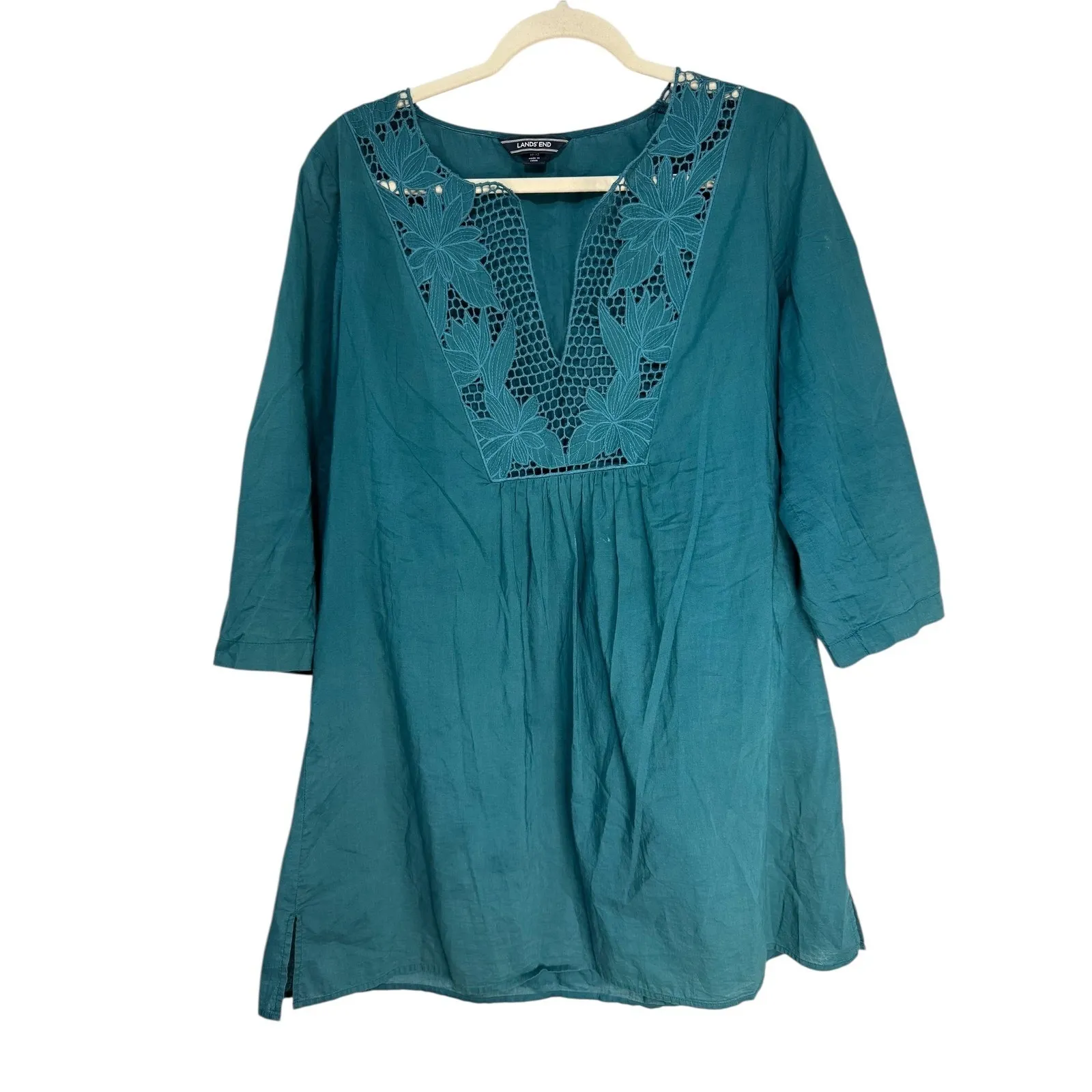 Lands End Teal Embroidered V Neck 3/4 Sleeve Tunic Top Women's Size M - Image 2