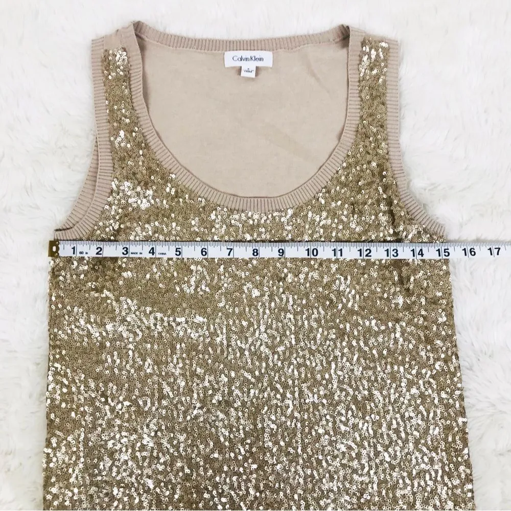 CALVIN KLEIN Gold Sequin Tank Top‎ Sleeveless Blouse Silk Blend Metallic Small - Image 8