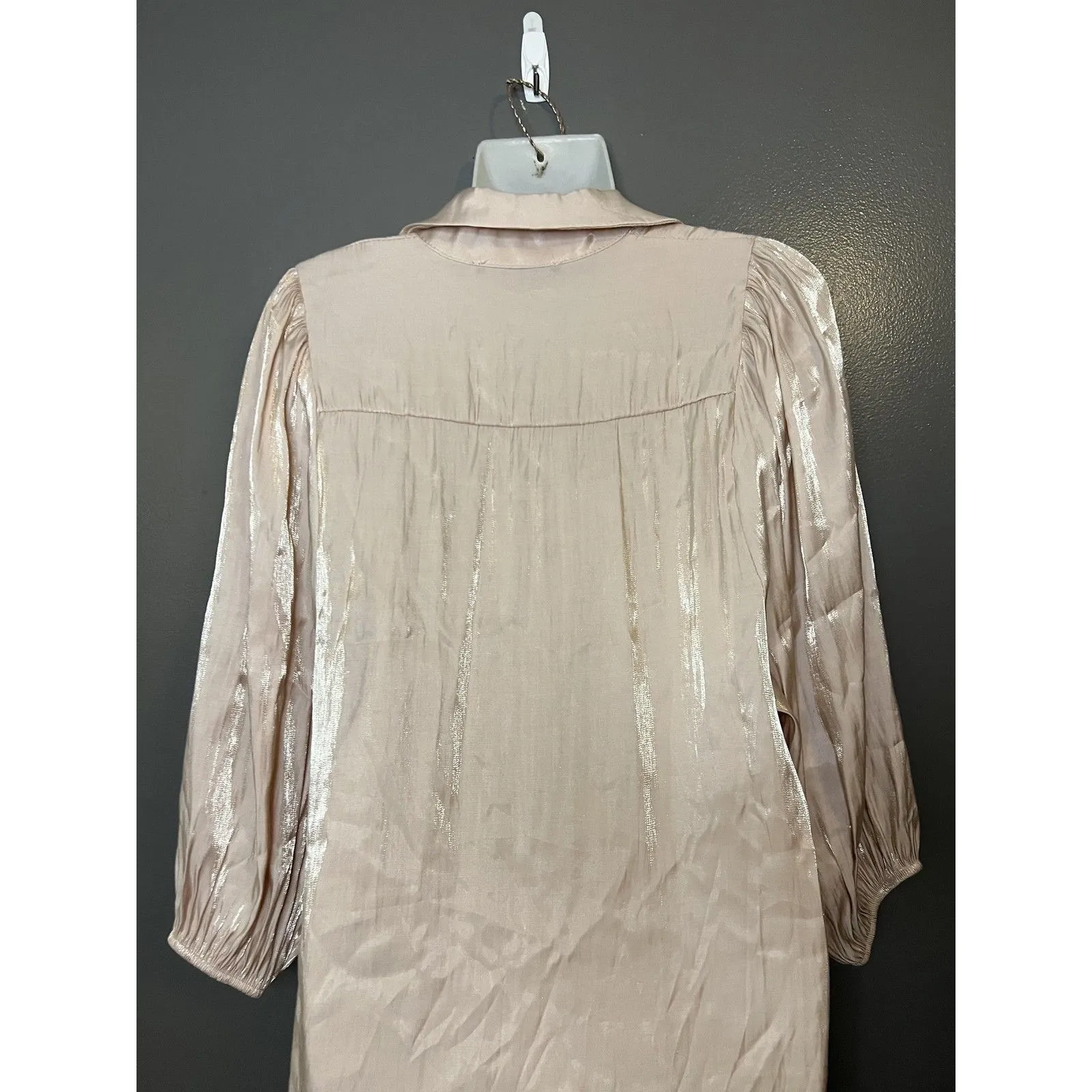 Boohoo Shirt Dress Womens 10 Pink Satin 3/4 Puff Sleeve Button Front Knee Length - Image 7