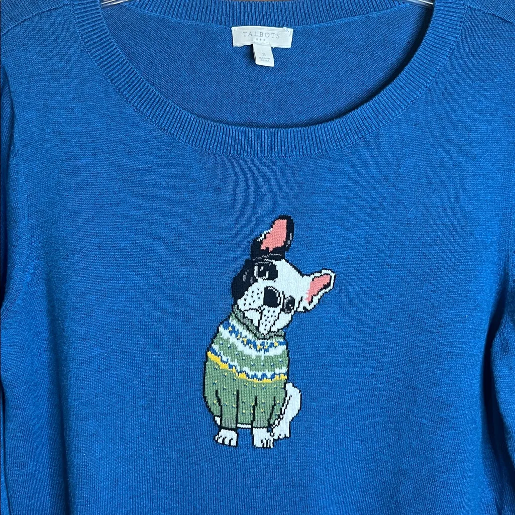 Talbots French Bulldog Cotton Knit Blue Long Sleeve Sweater Pullover Oversize - Image 2