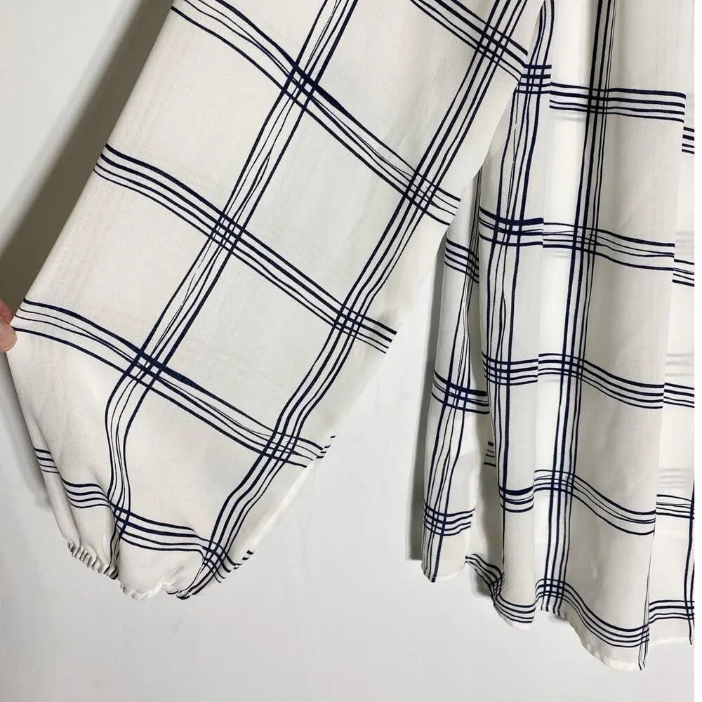 Loft Women's Tops Ruffle Tie-Neck White Blue Windowpane Dress Blouse‎ - L - Image 5