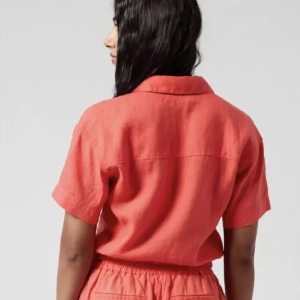 NWT Athleta Playa Linen Tie Short Sleeve Top in Passion Fruit Coral Sz S Petite - Image 2