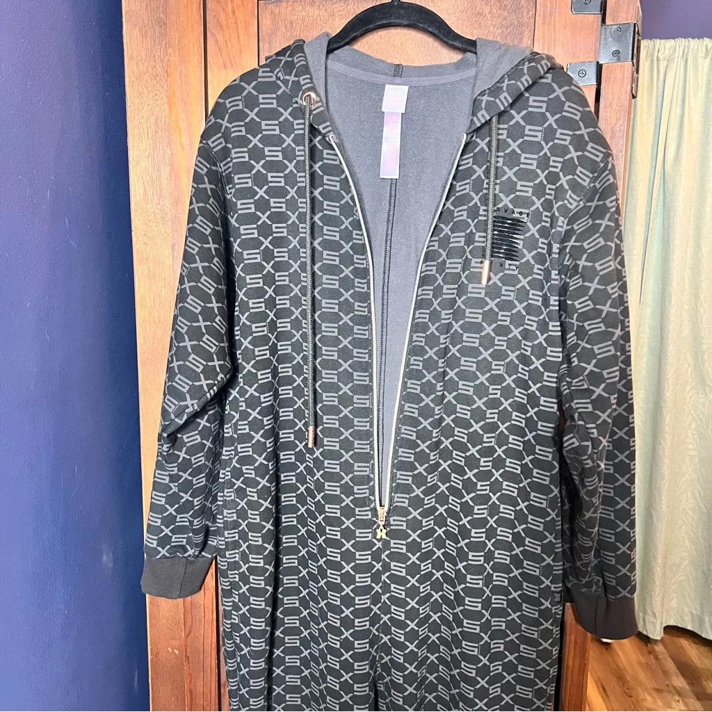 Savage X Fenty Hooded Onesie Black Caviar Monogram Zip Loungewear Jumpsuit S - Image 6