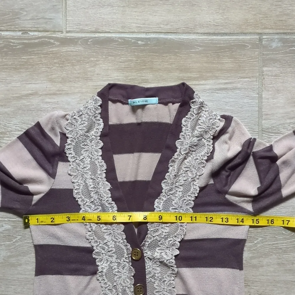 Pleione | Anthropologie V-Neck Striped 3/4 Sleeve Cardigan with Lace Accent - Image 11