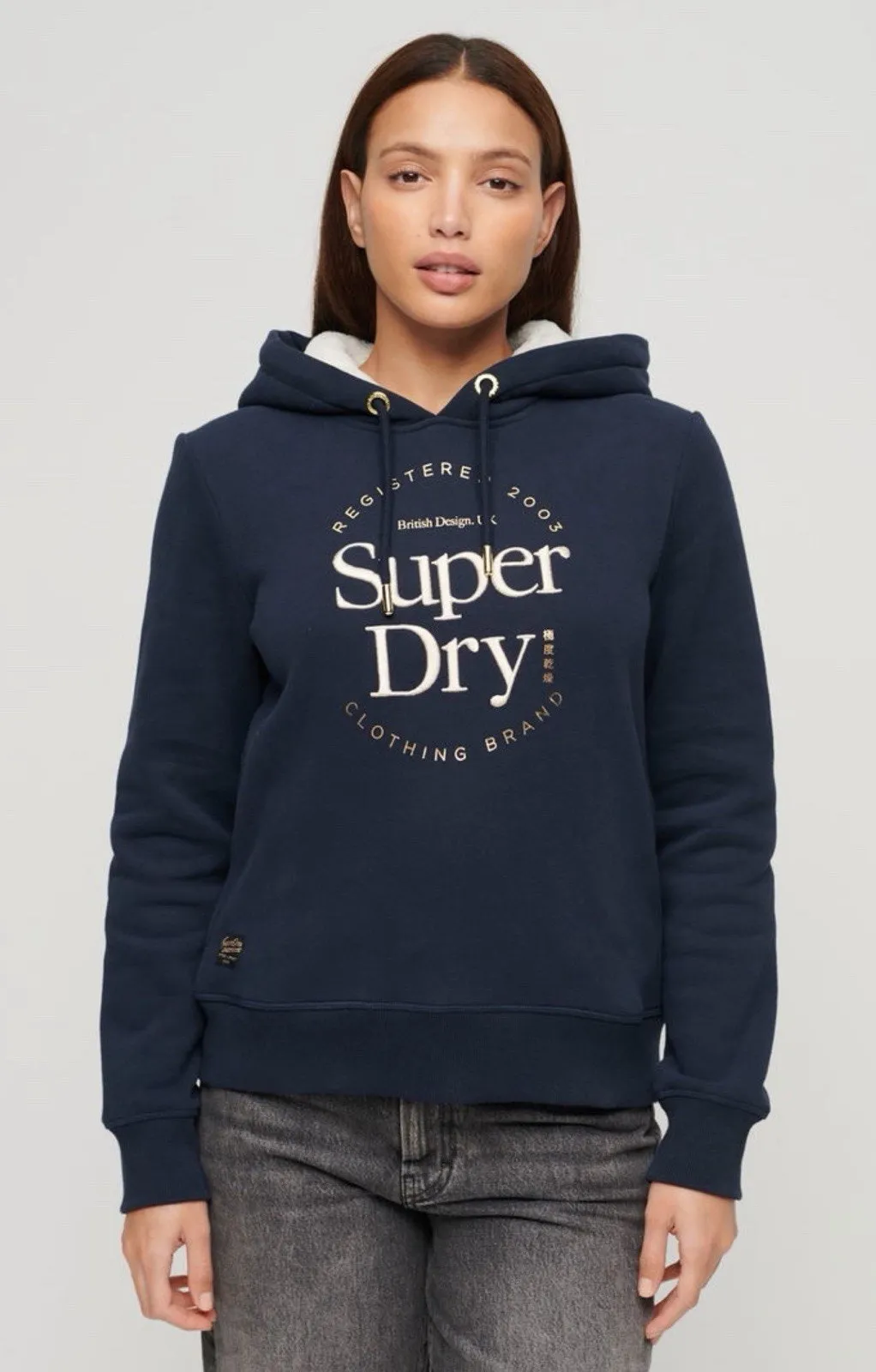 Superdry Luxe Metallic Logo Nautical Navy Hoodie Womens Sweatshirt - Image 1