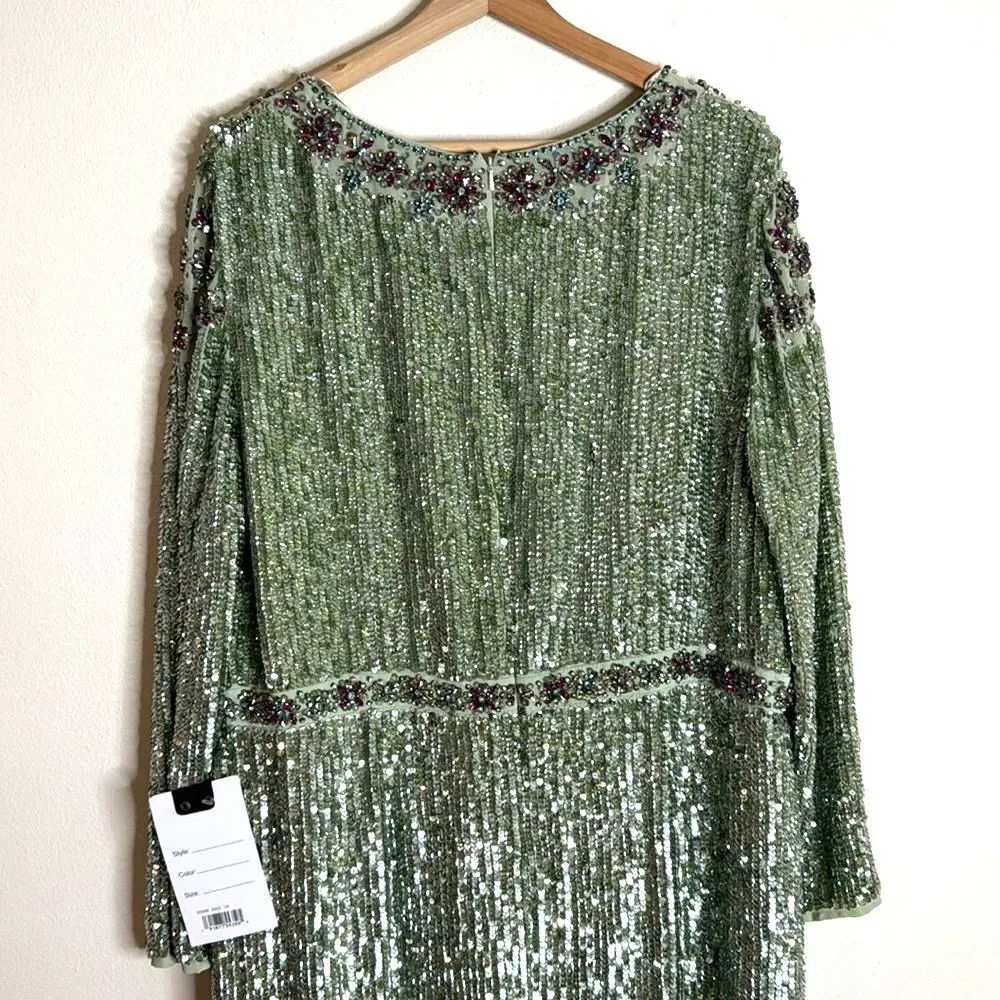 MAC DUGGAL 93568 Sage Green floral tea length  Dress Embellished Long Sleeve 18 - Image 8