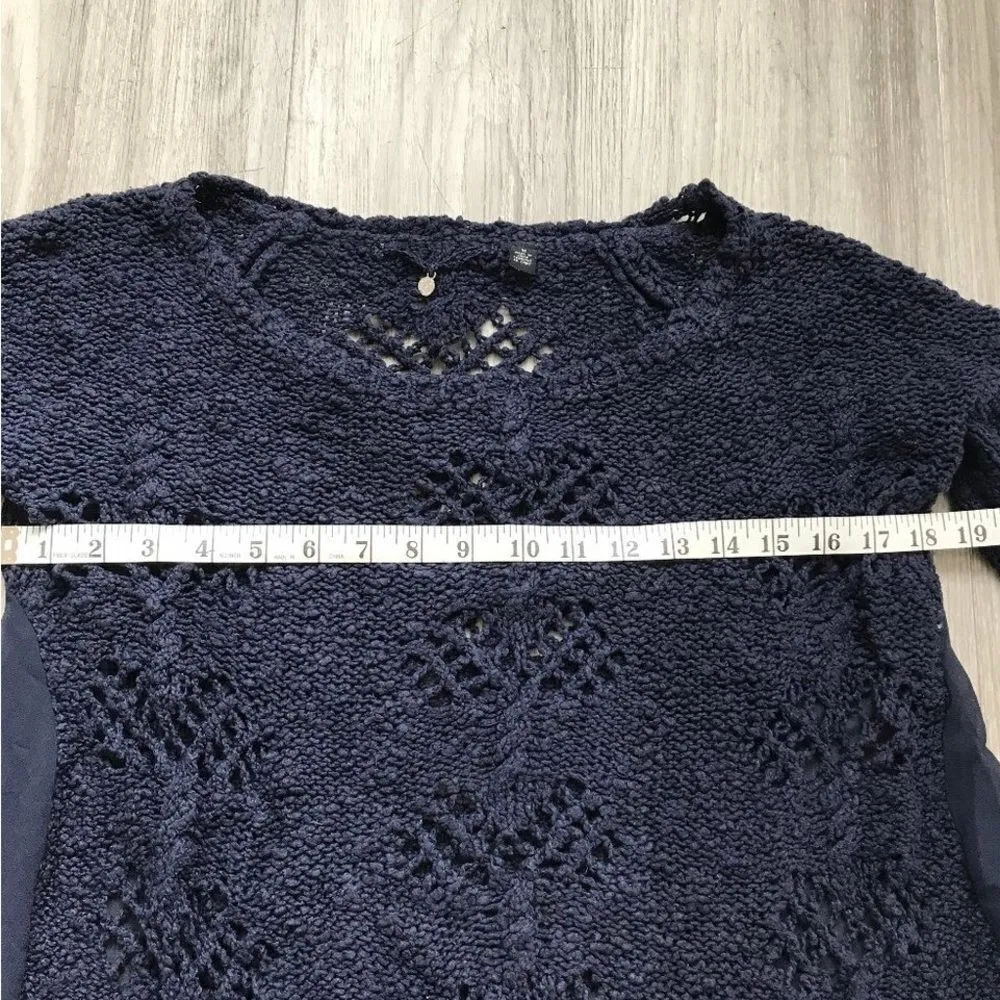 Anthropologie Knitted & Knotted Open Knit Sweater Blue Sheer Chiffon Sides 3/4 M Size M - Image 3