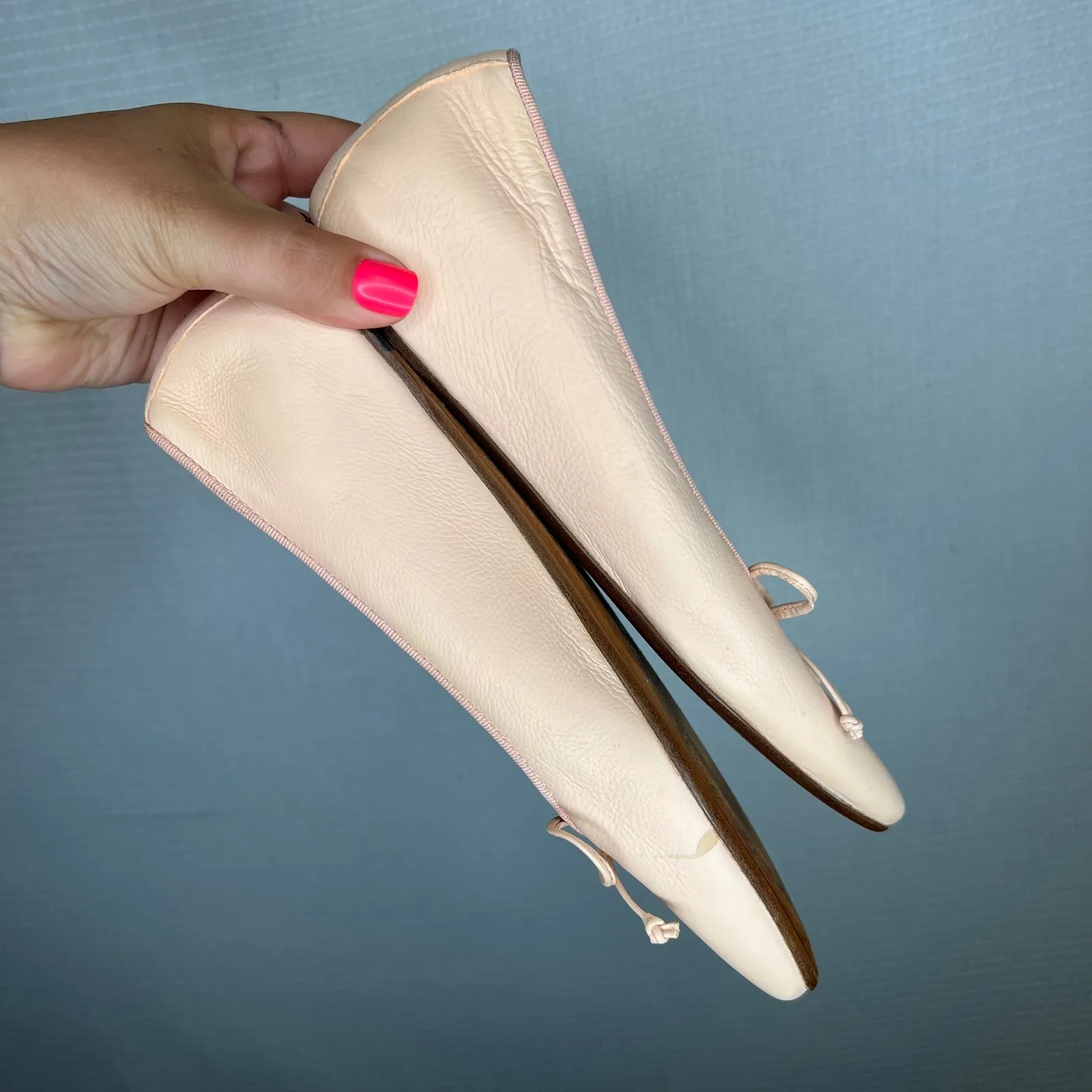 M.Gemi Leather Ballet Flats‎ Square Toe Bow Peach Nude Women's Shoes Pink Size 7.5 - Image 7