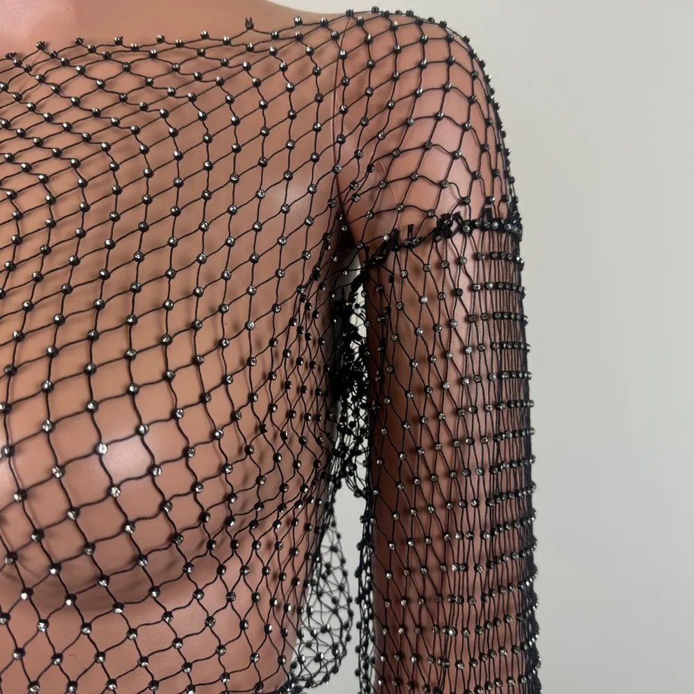 Women's Night Club Festival Party Bejeweled Mesh Crop Top Size Small Black - Image 5