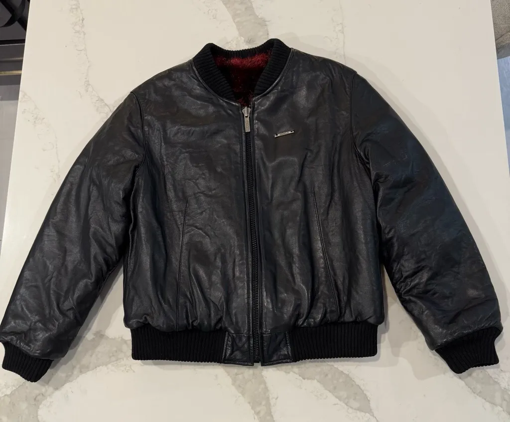 Vintage Y2K Ecko Unlimited Reversible Leather Bomber Jacket Red Fur Womens Large Black - Image 1