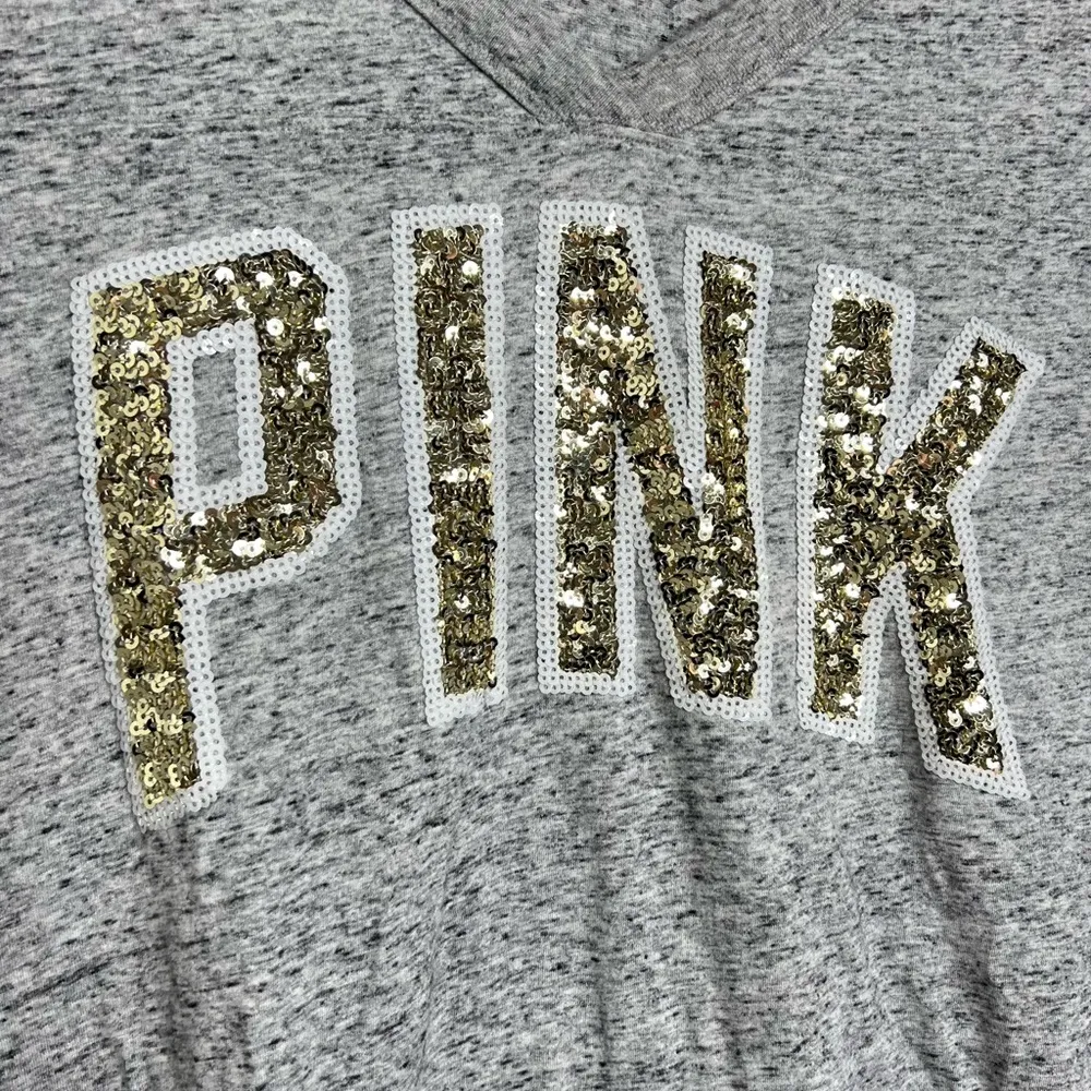 Pink Victoria’s Secret Bling V Neck T Shirt Gold Sequins Women’s Size Medium - Image 2