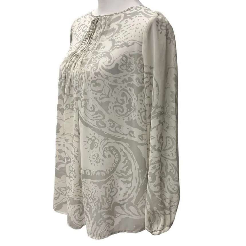 Cabi 834 Floral Keyhole Pleat Long Sleeve Peasant Top Ivory Gray Sheer‎ Size S - Image 2