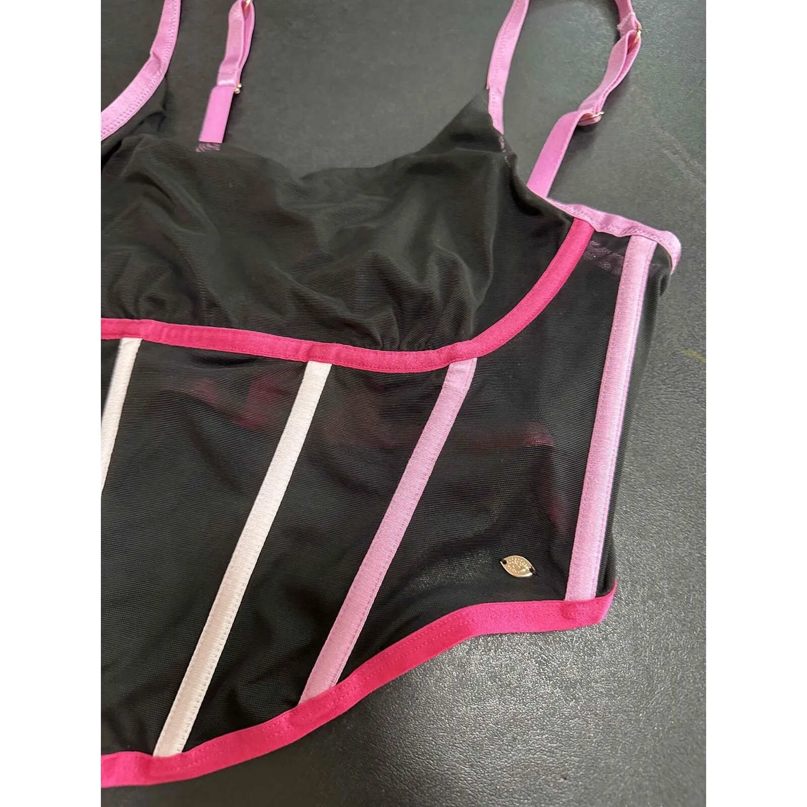 Sofia Intimates Pink Black Adjustable Mesh Contrast Trim Corset Women Medium - Image 3