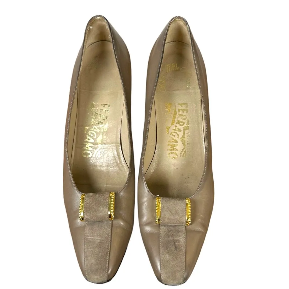 Salvatore Ferragamo Leather Suede Chunky Heel Beige Taupe Pump Women's Size 7 - Image 6