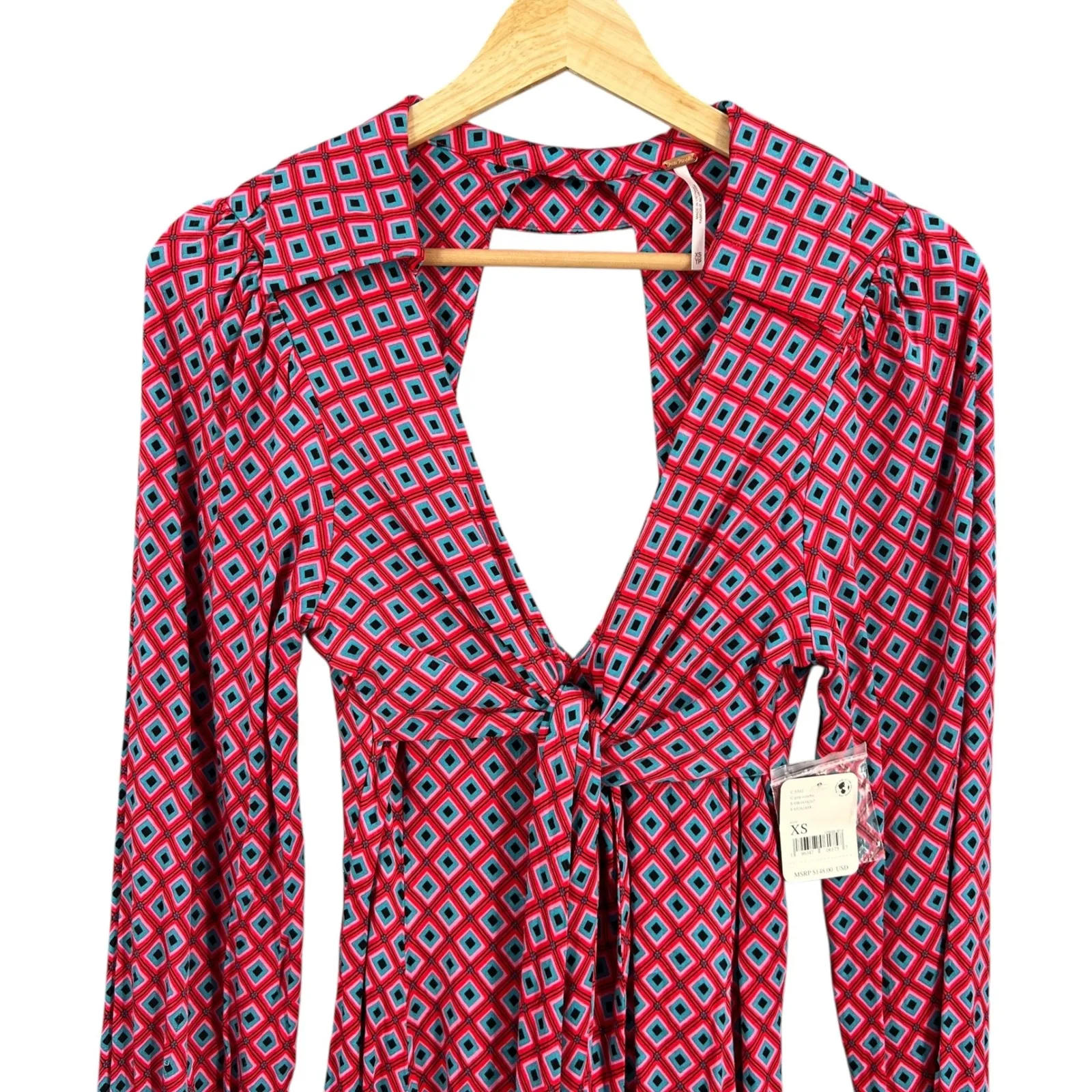 Free People Mini Dress Geometric It Takes Two Pink Wrap Style Open Back XS New - Image 2