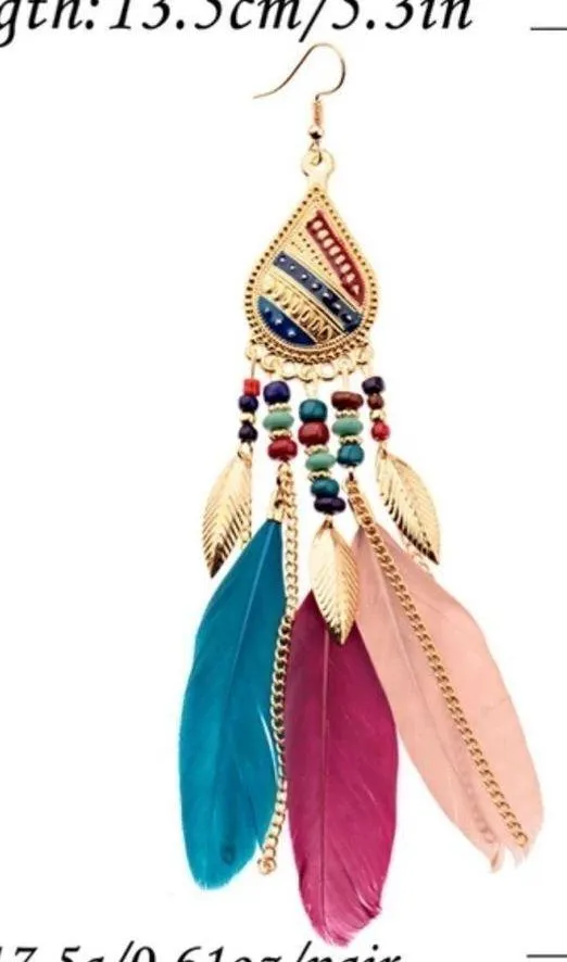 Long Bohemian Feather Chain Earrings Gold - Image 15