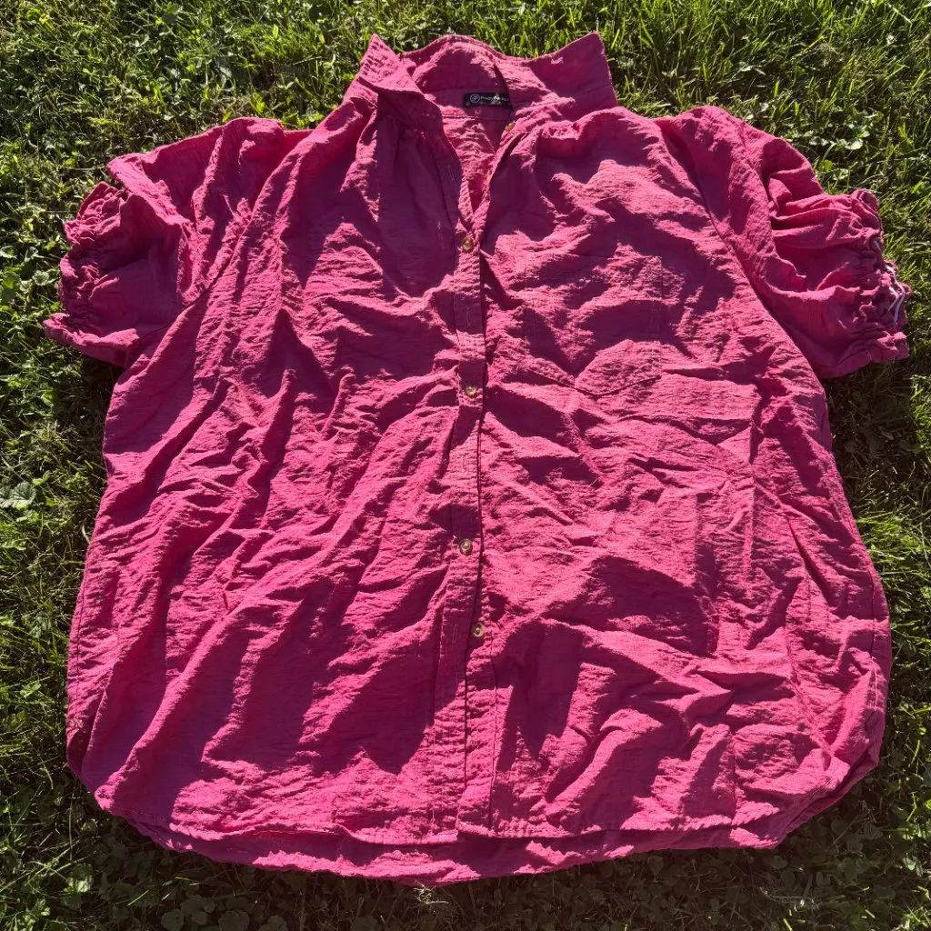 PRETTYGARDEN Women's Summer Button Down Shirts Short Lantern Sleeve Neck Blouse Pink Size XXL - Image 2