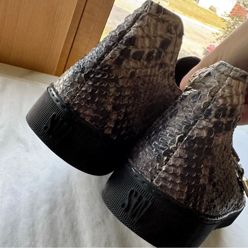 Stuart Weitzman Leather Exotic Snake Print Zip Up Sneakers - Image 6